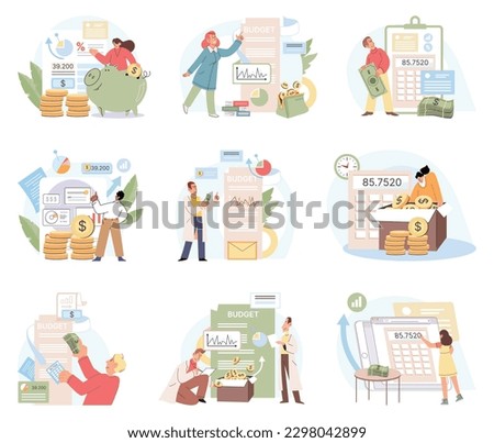 People analysis budget. Calculate financial plan of save income and expense management. Calculation financial income and expenses. Taxpayer counting money, taxation. Illustration metaphor