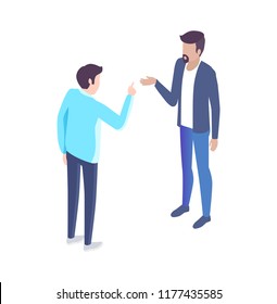 People analyst and manager have discussion cartoon banner vector set. Men in classic suits discussing issues gesturing 3d models side view under angle