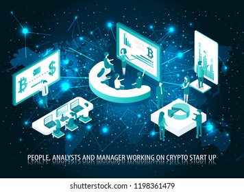 Analista de Personas y gerente de inicio de cartel con Vector de texto. Monitores y gráficos con diagramas, mapa del mundo y trabajadores en seminarios y reuniones