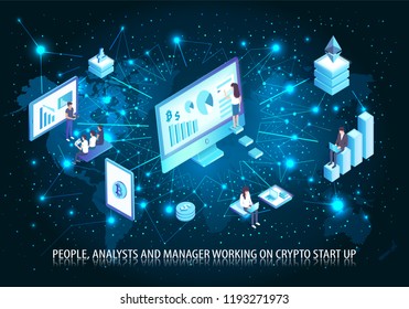 People and analyst working on start up poster with text vector. Screens and monitors with charts and diagrams. Digital era of communication bitcoin
