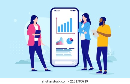 People and analytic charts looking at graphs on phone. Corporate vector illustration with businesspeople in casual clothing