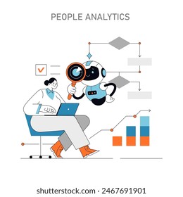 People Analytics concept HR specialist and robot collaborate using data analysis to optimize workforce management Strategic HR through technology Vector illustration