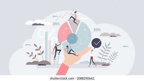 People analytics and data statistics for social research tiny person concept. Percentage diagram and chart with calculation and measurements vector illustration. Labor information report analysis.