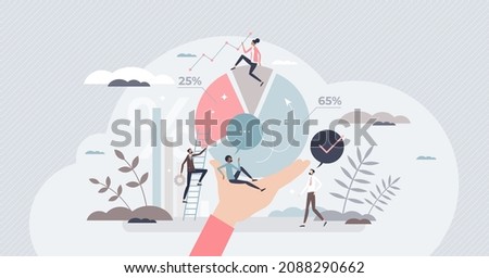 People analytics and data statistics for social research tiny person concept. Percentage diagram and chart with calculation and measurements vector illustration. Labor information report analysis.