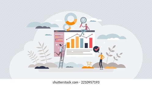 People analytics with statistics about person performance tiny person concept. Social chart and graph measurement research about population information vector illustration. Evaluate marketing data.