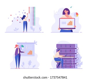 People analyze big data. Data center. Concept of big data engineering, analyzing statistics, classification and market research. Vector illustration in flat design for UI, banner, mobile app