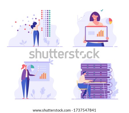 People analyze big data. Data center. Concept of big data engineering, analyzing statistics, classification and market research. Vector illustration in flat design for UI, banner, mobile app