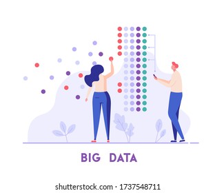 People analyze big data. Data science. Concept of big data engineering, analyzing statistics, classification and market research. Vector illustration in flat design for UI, banner, mobile app