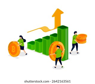 People analyze bitcoin and crypto bar chart trends using up and down arrows to study performance, growth potential, and market changes in crypto trading