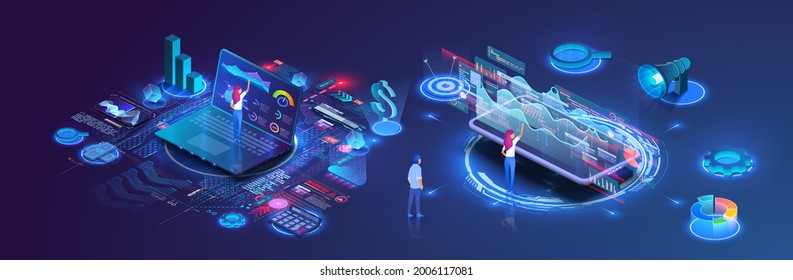 People analyze charts, graphs, plan business strategy and manage data on a laptop and smartphone. Digital marketing. Business analysis isometric vector illustration. Growth strategy or financial goal 