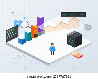 Las Personas analizan datos y tendencias de criptomonedas en un espacio de trabajo digital. Los gráficos y gráficos muestran el crecimiento, mientras que los gráficos representan el código de programación y el flujo de datos.