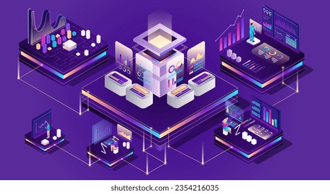 People analyze data and statistics. Character interact with graph and chart, do web programming and develop business strategies. Isometric realistic 3d vector illustration isolated on white background