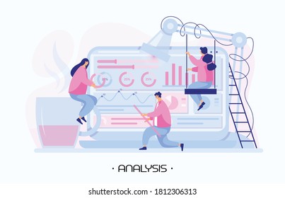 People analyze month report, gets company data, and form a marketing plan to year. Improve financial indicators and analyze dashboard data. Business team workspace. Flat people vector illustration.