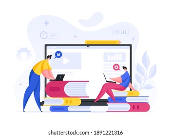 People Analyze Online Statistics Webinar Attendance Vector Flat. Male Characters Set Up Algorithm For Stay Web Project Participants. Strategy For Improving Work Cognitive Site Infographic Concept.