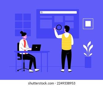 People analyze and validate business processes. Male employee reviewing and checking data. Financial and technical inspection, identification of potential risk, woman working at laptop vector