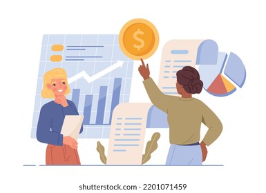 People analyzes budget. Young women financial consultants doing accounting and studying graphs and charts. Investment and growth of income or profits of company.. Cartoon flat vector illustration