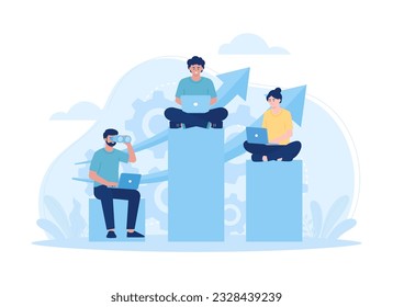 People analyzing business graph sitting on charts trending concept flat illustration