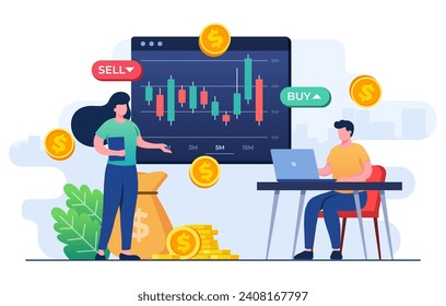 People analyzing candlestick charts and Stock market statistics, Stock trading, Economic growth, Business investment, Stock market trends, Technical analysis strategy, Business profits calculation