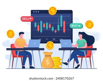 People analyzing candlestick charts and Stock market statistics, Stock trading, Economic growth, Business investment, Stock market trends, Technical analysis strategy, Business profits calculation