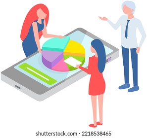People analyzing chart, doing data analysis. Business data researching. Increase sales and skills. Analytics team monitoring investment result using mobile phone app. Marketers research market model