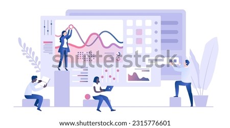 People analyzing charts and graphs, market research, web analytics. Data analysis concept template. Infographics, statistics, data visualization 3d concept