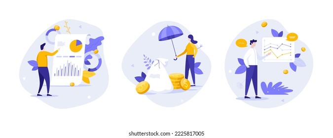 People analyzing charts, protecting coins with umbrella, making presentation. Concept of financial statistics, money deposit insurance, business analytics. Modern flat vector illustration for poster.