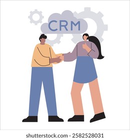 People Analyzing CRM System with Magnifying Glass and Marketing Elements