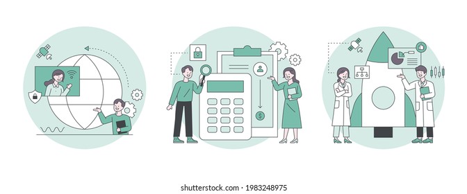 People analyzing data with calculators, meeting online in front of a globe, scientists doing rocket research. Outline flat design style minimal vector illustration set.