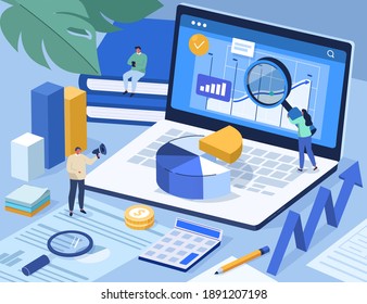 People Analyzing Data and filling Documents for Tax Calculation. Characters Preparing Finance Report with Graph Charts. Accounting and Financial Management Concept. Flat Cartoon Vector Illustration.