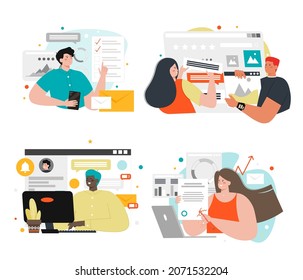 Personas analizando diferentes tipos de datos, ilustraciones vectoriales aisladas. Análisis de datos, comunicación en línea, análisis.