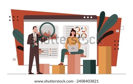 People analyzing graphs concept. Man and woman with charts and diagrams. Team of analysts analyze infographics and statistics. Investors and traders, businesspartners. Cartoon flat vector illustration
