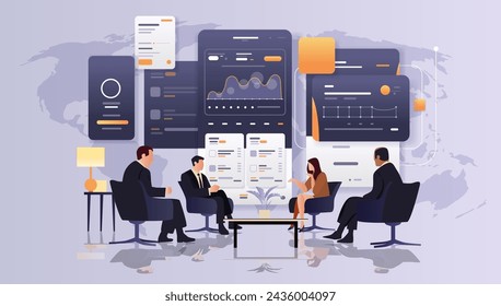 personas analizando gráficos y diagramas en pantallas digitales seguridad financiera estabilidad crecimiento fintech inversión empresarial