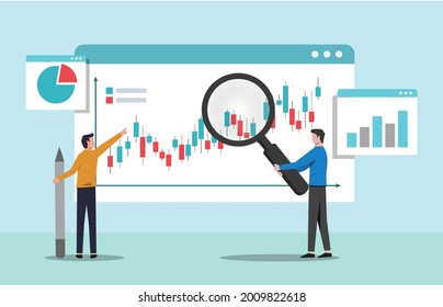 Gente analizando el concepto de gráfico de crecimiento. Análisis de datos y seguimiento de la ilustración de vectores de inversión