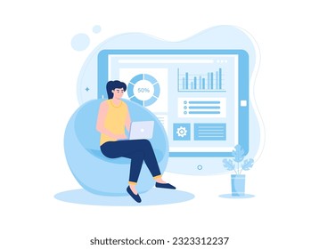 Gente analizando el gráfico de crecimiento, con la ilustración plana de tendencia