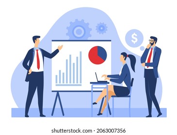 People analyzing growth. Team looks at graphs and diagrams, employee prepared presentation for colleagues. Efficiency, marketing, research, business development. Cartoon flat vector illustration