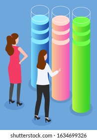 People analyzing infocharts with equal segments and pieces. Isolated female characters at work dealing with information data set in visual form. Teamwork of women, vector in isometric 3d style