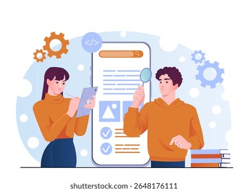 Pessoas analisando uma interface de aplicativo móvel, uma escrevendo em um tablet, a outra segurando lupa, em um fundo abstrato. Conceito de experiência e desenvolvimento do usuário. Ilustração de vetor plano