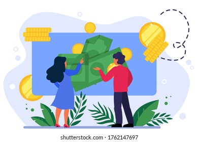 Leute, die Geld auf der Präsentationsfläche analysieren. Marketing-Forschung, Analyse, Rechnungslegung flache Vektorgrafik. Business, Finance, Erfolgskonzept für Banner, Website-Design oder Landing-Website