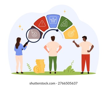 People analyzing risk management strategy with charts and symbols, highlighting financial growth and decision-making processes, isolated on white background vector illustration