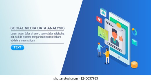 People analyzing social media data, Social media marketing strategy flat isometric vector
