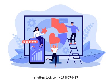 People analyzing social media statistics. Professional SEO analytics on computer screen flat vector illustration. Brand reputation management concept for banner, website design or landing web page