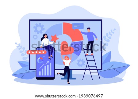 People analyzing social media statistics. Professional SEO analytics on computer screen flat vector illustration. Brand reputation management concept for banner, website design or landing web page