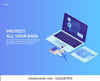 People Analyzing Statistics Data. Data Protection Design Illustration. 3d isometric vector illustration