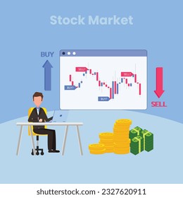 People Analyzing Stock Market. They Standing near Screen with Graphs, Charts and Diagrams. Businesspersons Investing in Stocks. Stock Trading Concept. Flat Vector Illustration.