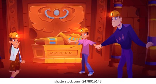 People in ancient egyptian temple in helmet vector. Egypt pharaoh tomb in palace to explore. Gold afterlife sarcophagus in museum with crypt paintings inside. Fantasy danger illustration for game