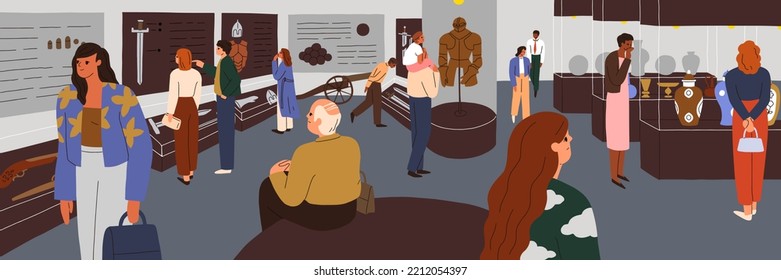 People in ancient and medieval history museum. Visitors tourists at archeology exhibit, historical exhibition with old objects display in archaeological gallery panorama. Flat vector illustration