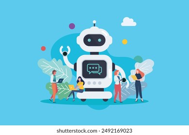 People with android robot. Cyborg Technology. Vector Illustration. 