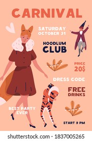 People in animal costumes, carnaval clothes. Holiday masquerade celebration placard. Fancy dress party poster design, carnival invitation. Flat vector cartoon illustration