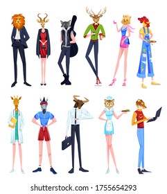 People in animal heads vector illustrations. Cartoon flat man woman characters with deer lion cock zebra cat giraffe tiger headbands, wearing professional or hipster fashion clothes isolated on white