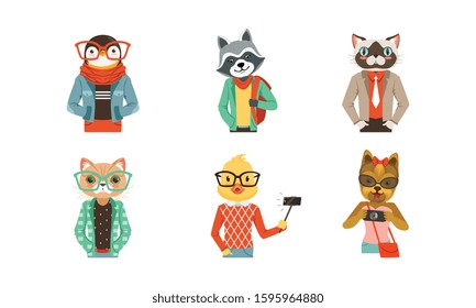 People with Animal Heads Vector Set. Mammal Characters Wearing Trendy Clothes